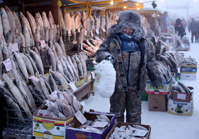 عکاسی در سردترین نقطه کره زمین - عکاسی از بازار ماهی فروشان در روستا که منبع اصلی تهیه خوراک در این منطقه می باشد.